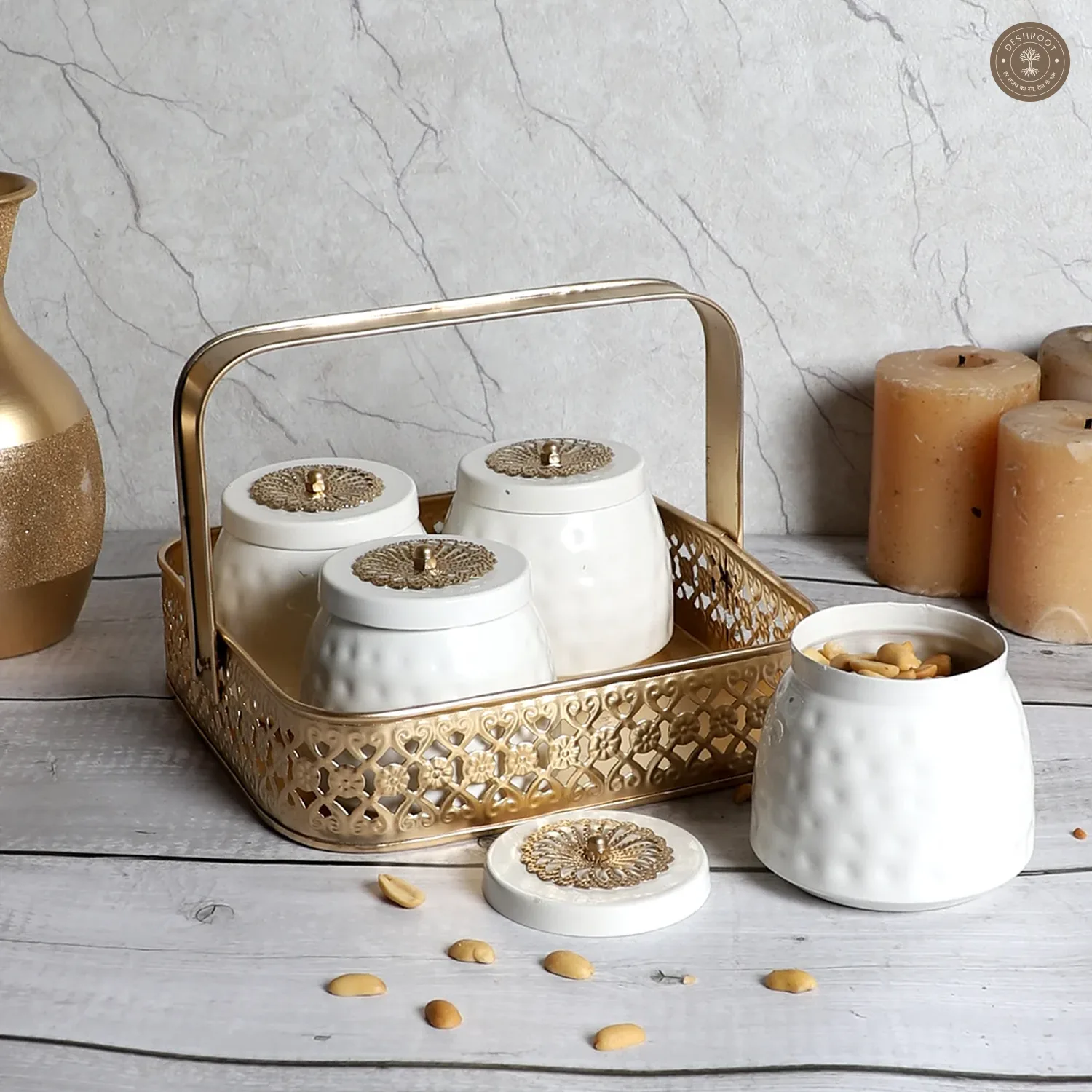 Gold & White Basket With Jar Set of 4