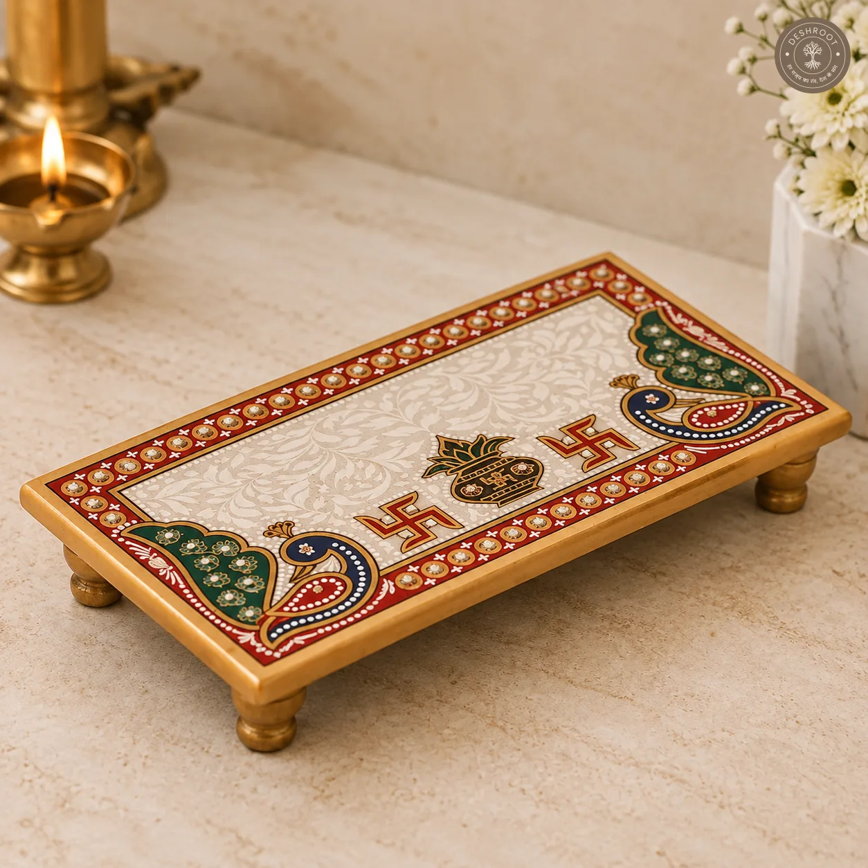 Handcrafted Sangmarmar Marble Pooja Chowki with Peacock Moti Design