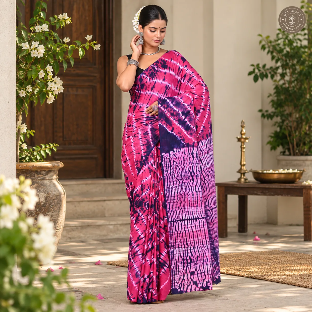 Rani Leher Pink Hand Block Printed Mal Cotton Saree with Tie-Dye Design