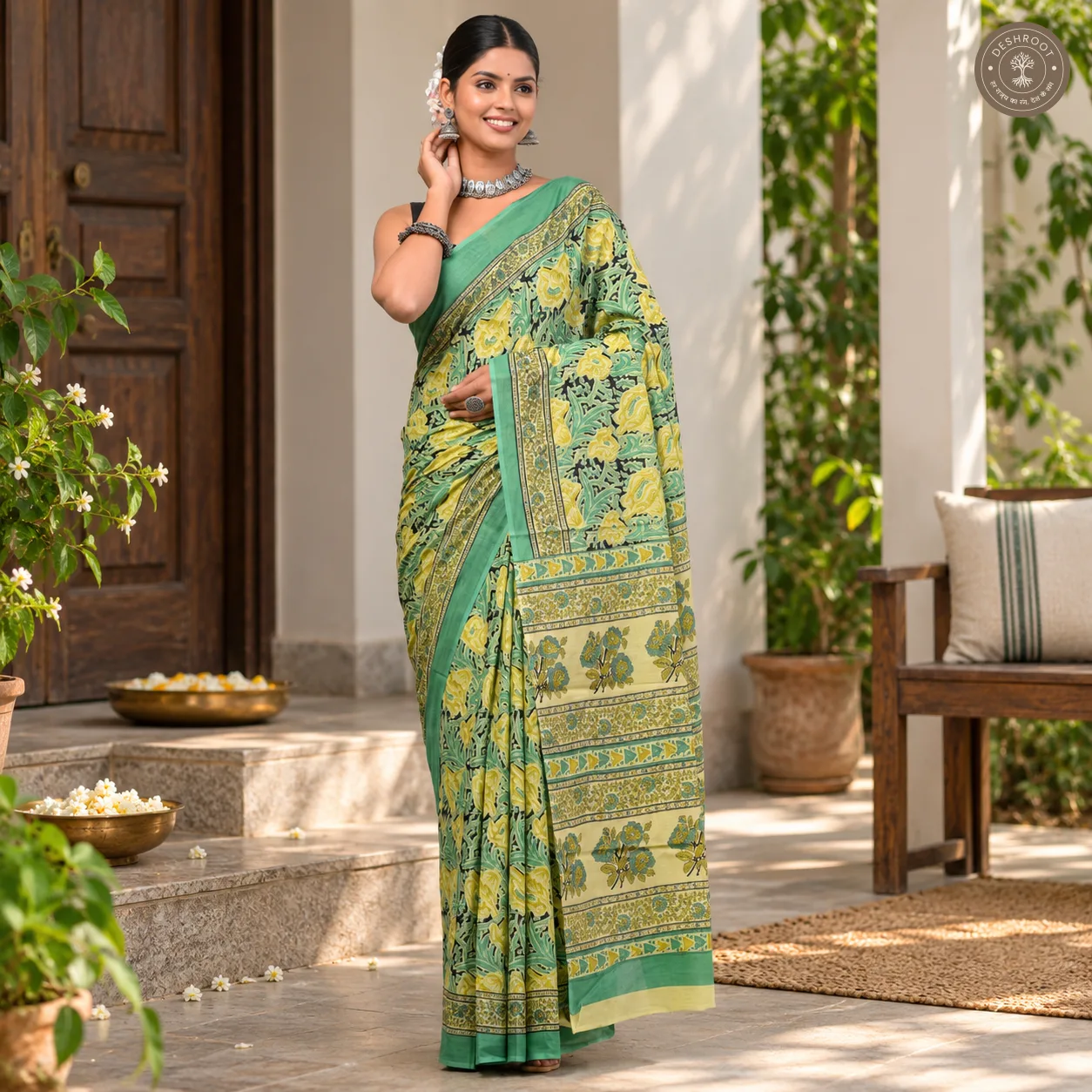 Meher Mint Floral Hand Block Printed Mal Cotton Saree