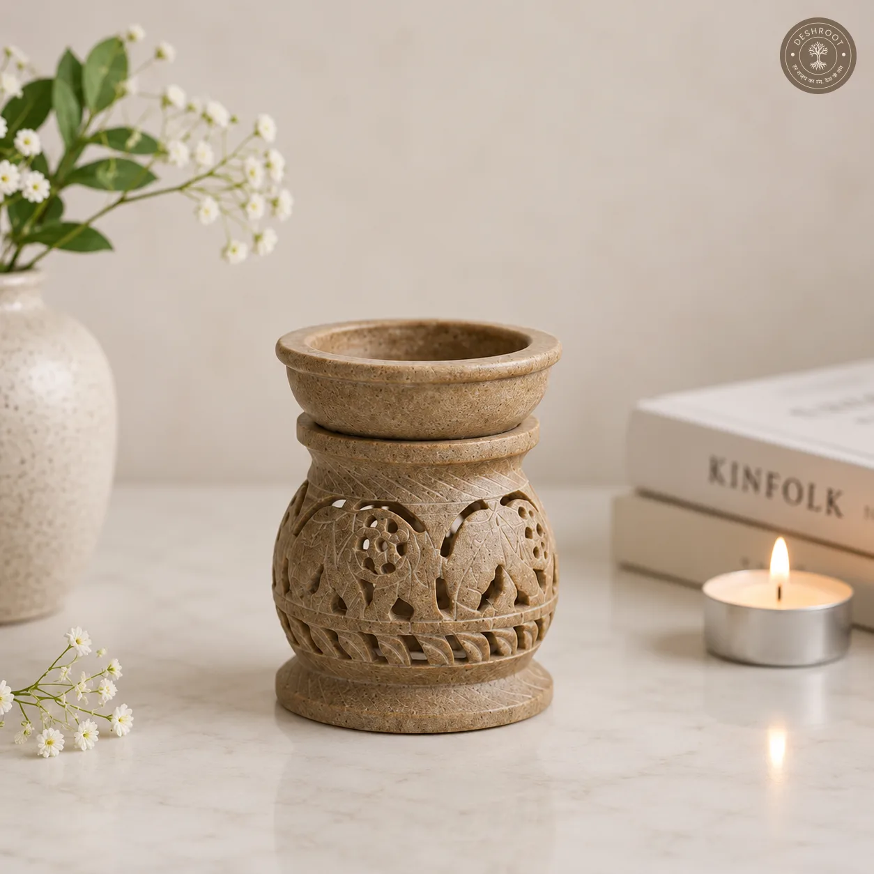 Handcrafted Soapstone Essential Oil Burner & Tealight Aroma Diffuser - HandCarved Agra Stone Aroma Lamp