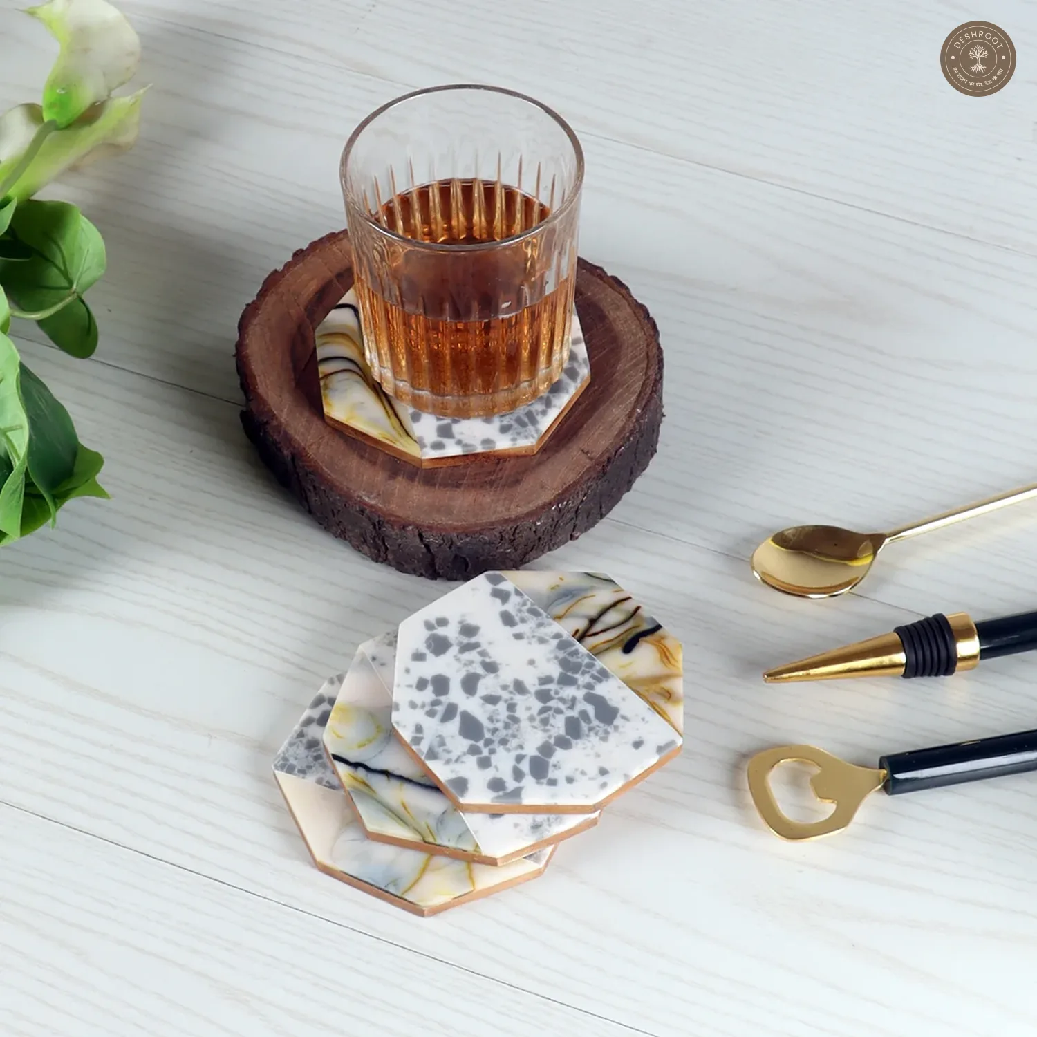 Green Hexagon Resin Coaster Set of 4