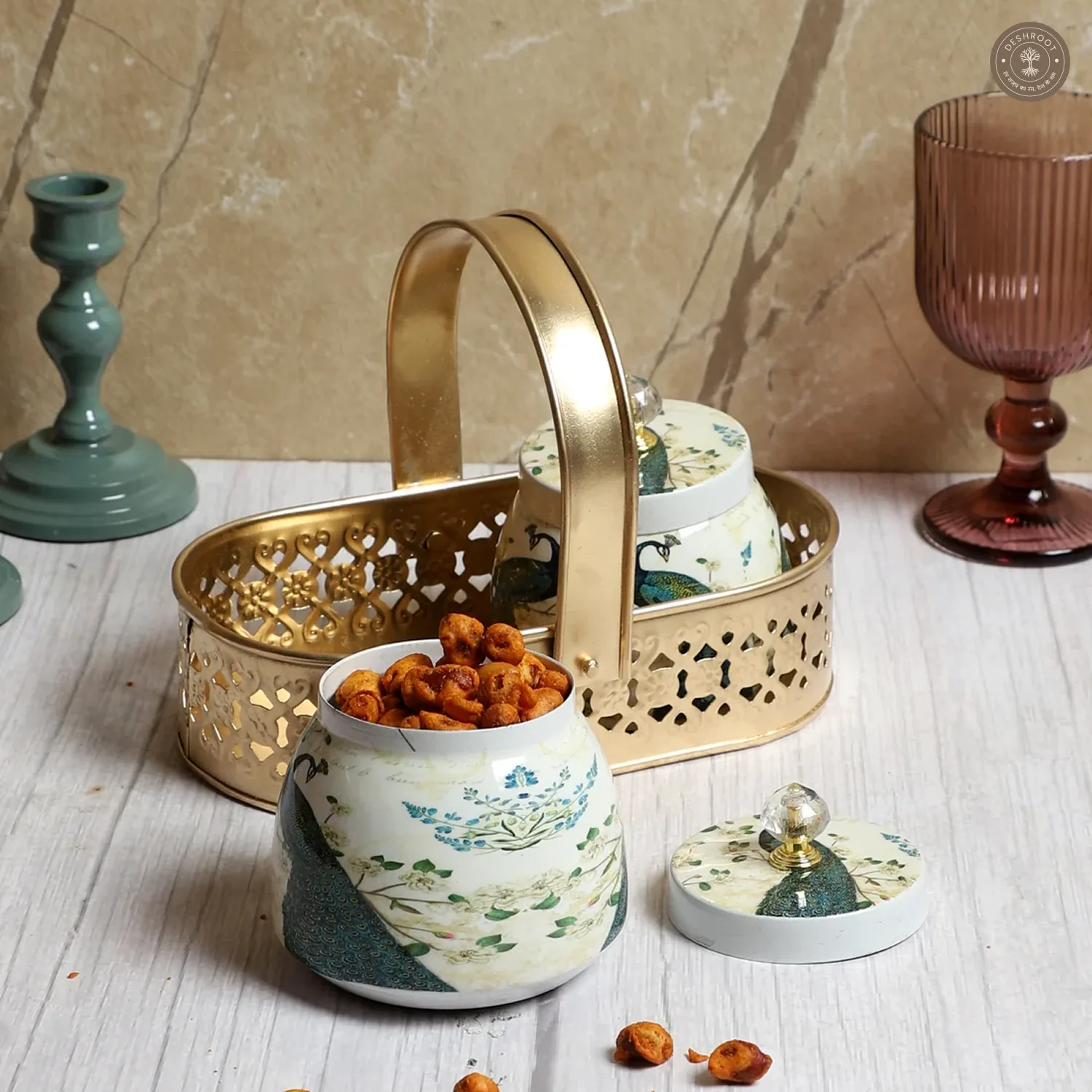 Green Peacock Print Jars Basket Set of 2