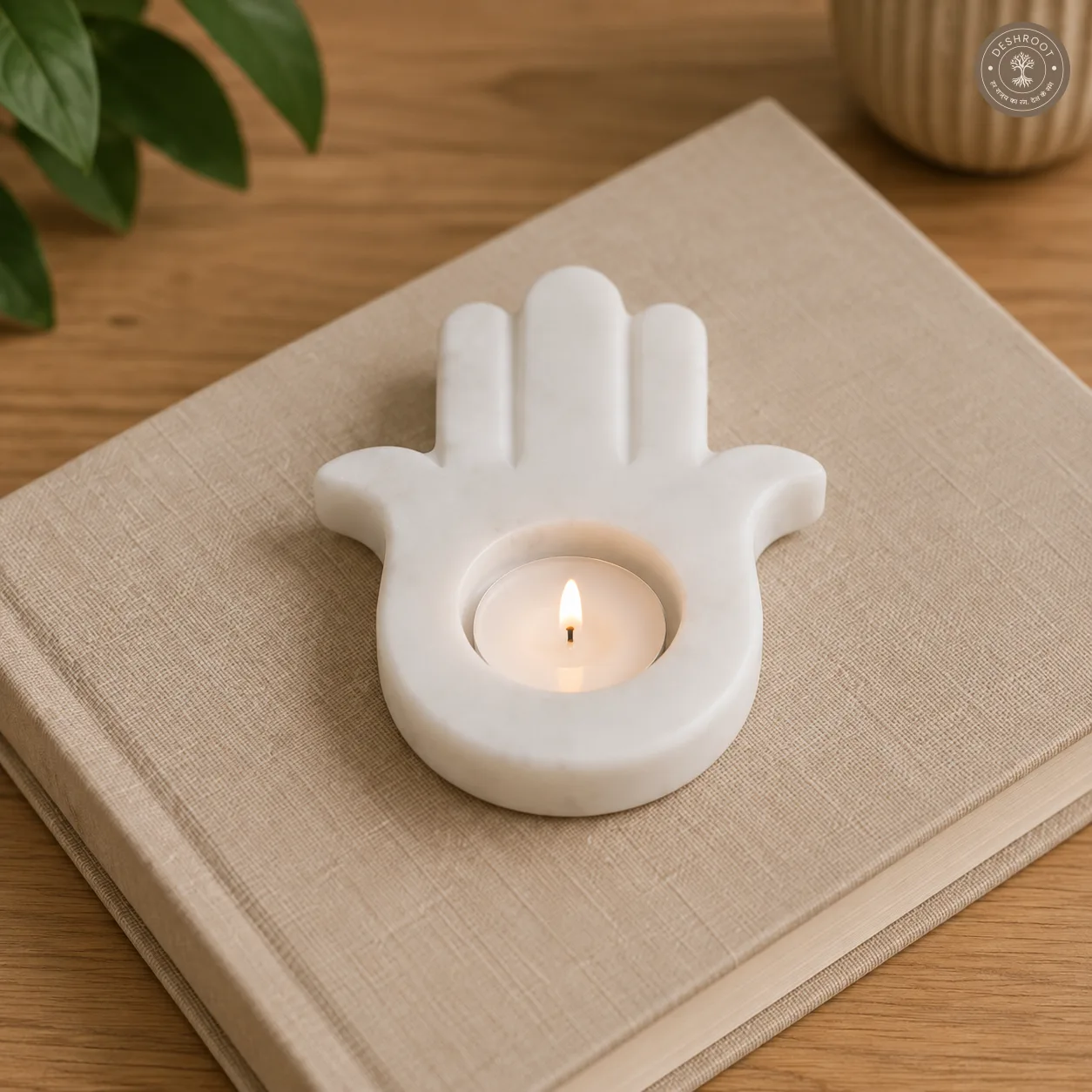Handcrafted Agra White Marble Hamsa Hand Tealight Holder - Elegant Natural Marble Candle & Diya Holder for Pooja, Meditation, Home Décor & Gifting