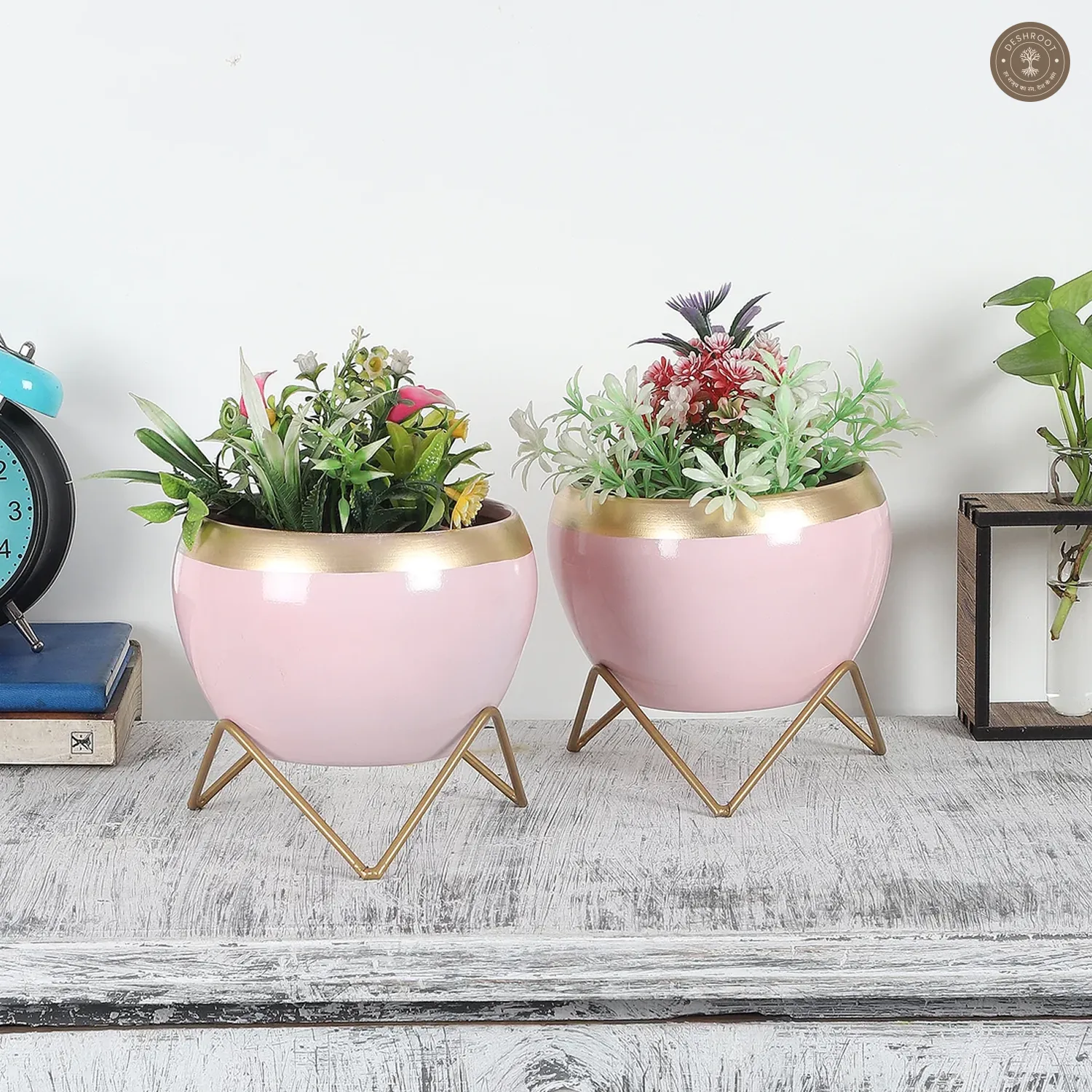 Apple Shape Metal Pink & Gold Planter Set of 2