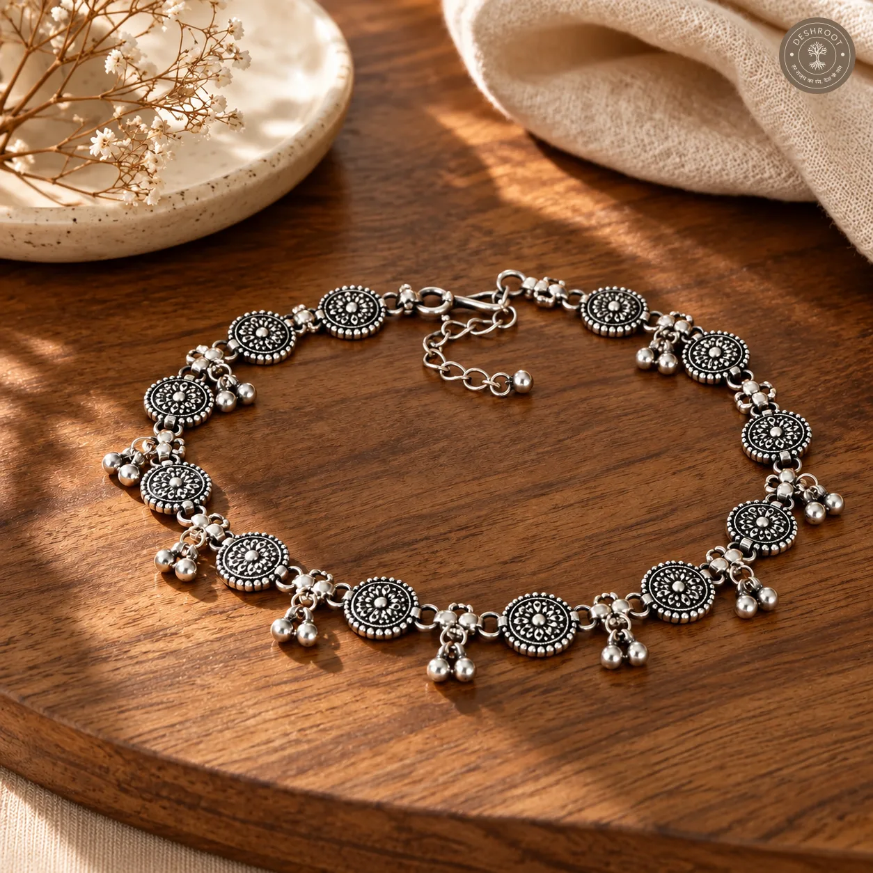 Silver Oxidised Anklet Pair – Handcrafted Coin Motif Payal with Dangling Ghungroo Charms, Antique Finish & Adjustable Design for Women, Boho & Ethnic Wear