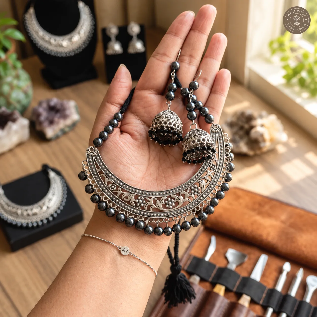 Oxidised Boho Necklace Set – Handcrafted Tribal Crescent Choker with Matching Jhumka Earrings, Dark Bead Detailing & Adjustable Dori for Women