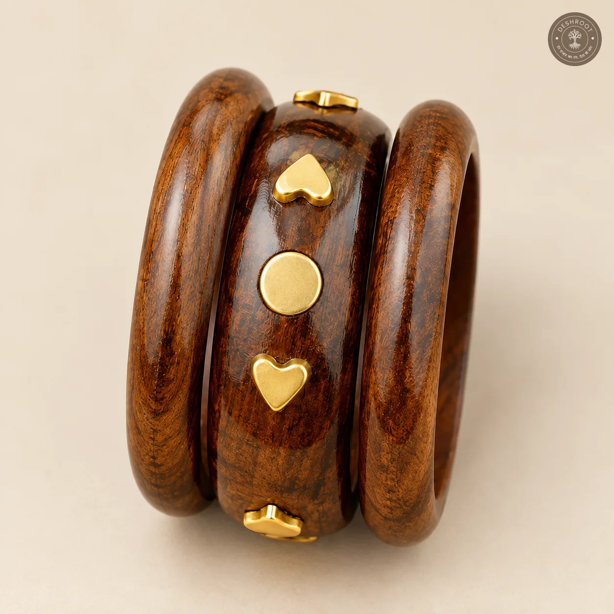 Handcrafted Wooden Bangle Set for Women – Set of 3 Premium Polished Wood Bangles with Gold-Tone Heart & Circular Embellishments for Ethnic, Western & Fusion Wear