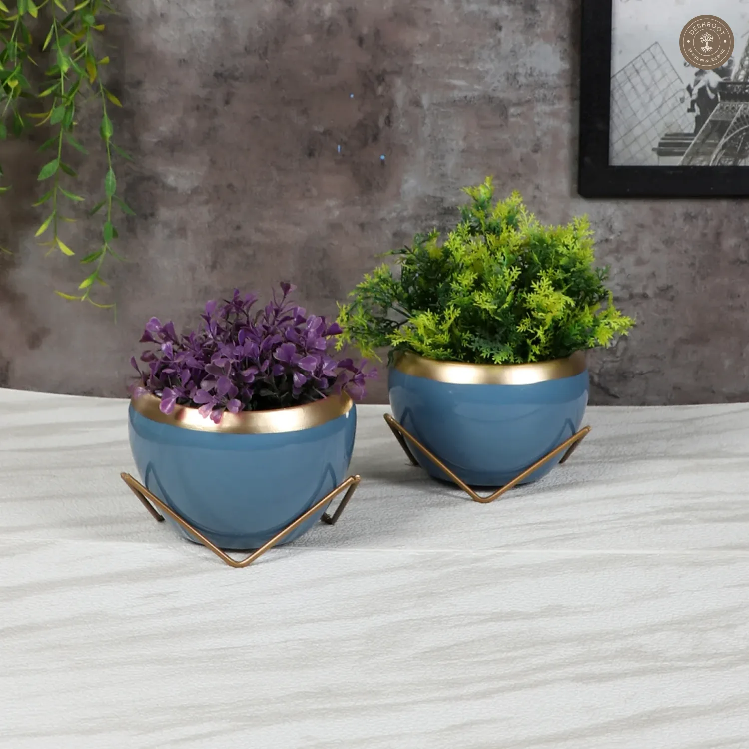 Apple Shape Metal Blue & Gold Planter Set of 2