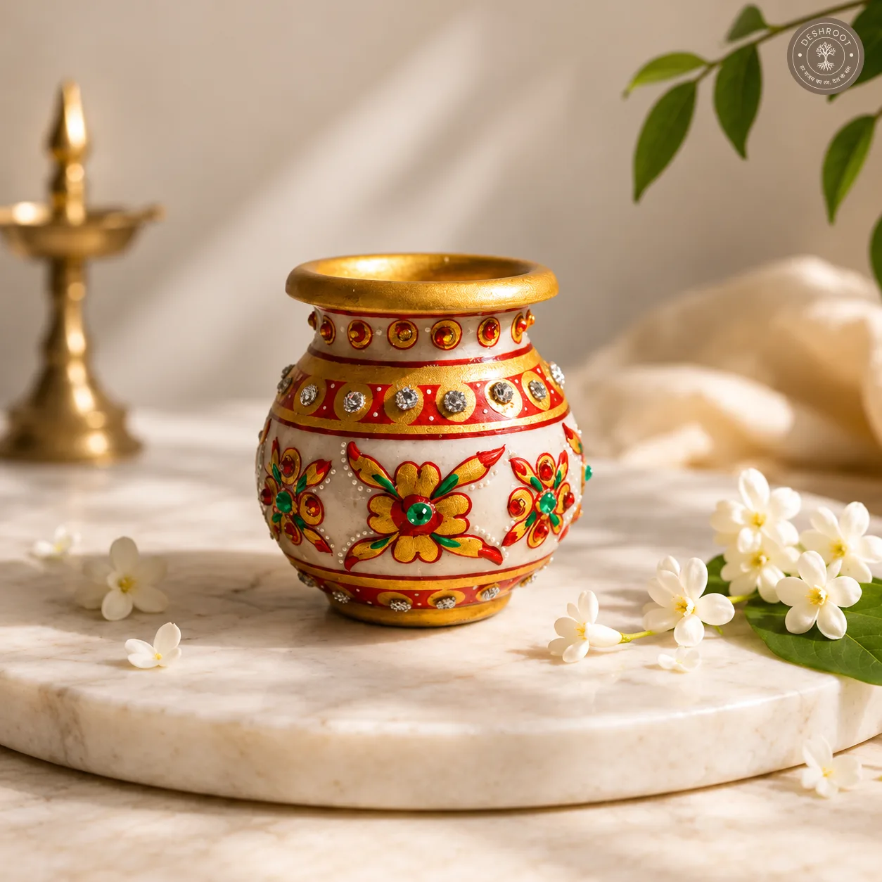 Handcrafted Agra Marble Inlay Saar Marka Marble Pooja Kalash Pot with Hand-Painted Floral Design & Gemstone Work