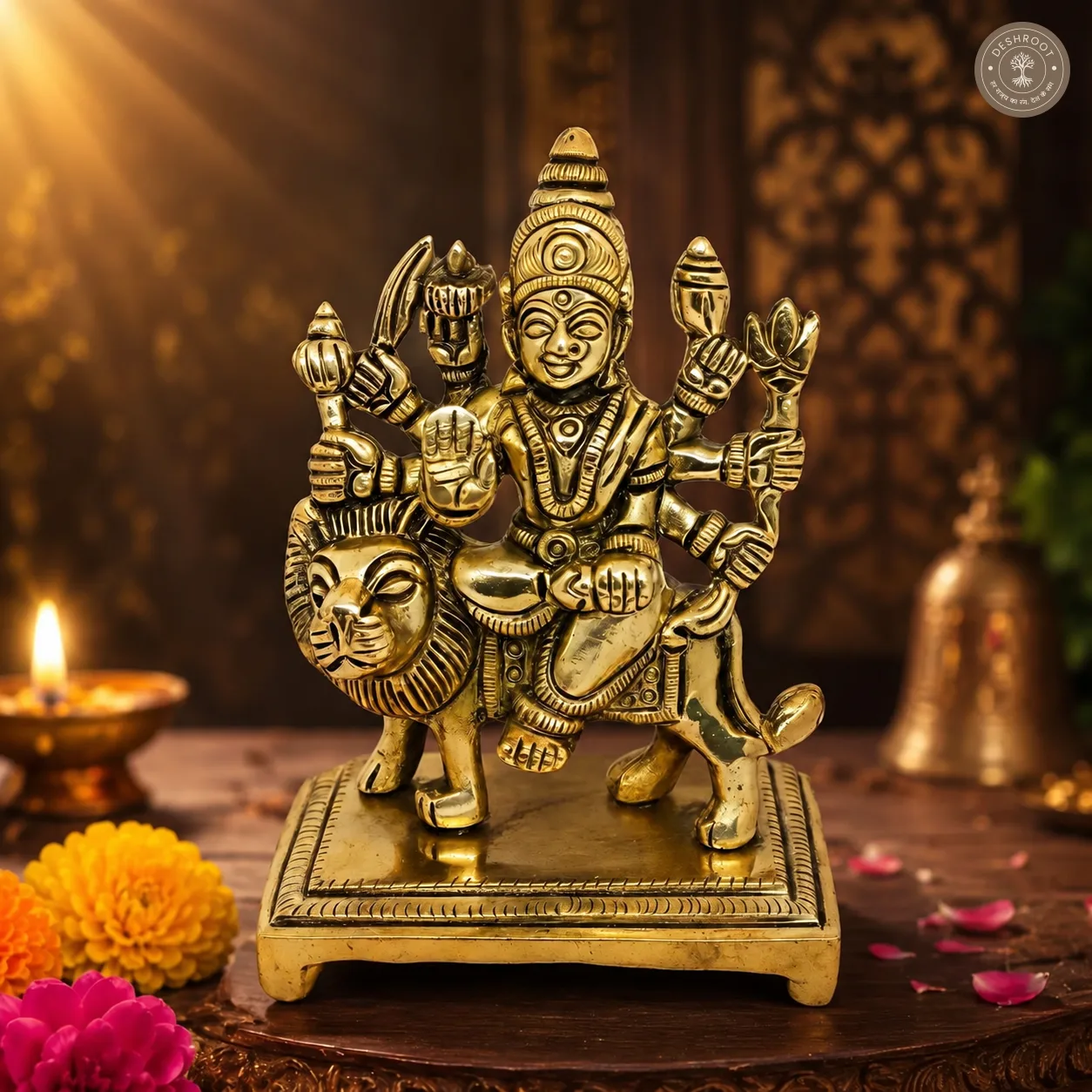 Handcrafted Brass Goddess Durga on Lion Idol – 500 gm Antique Finish Maa Durga Murti with Intricate Detailing for Pooja Room, Navratri, Home Temple & Décor
