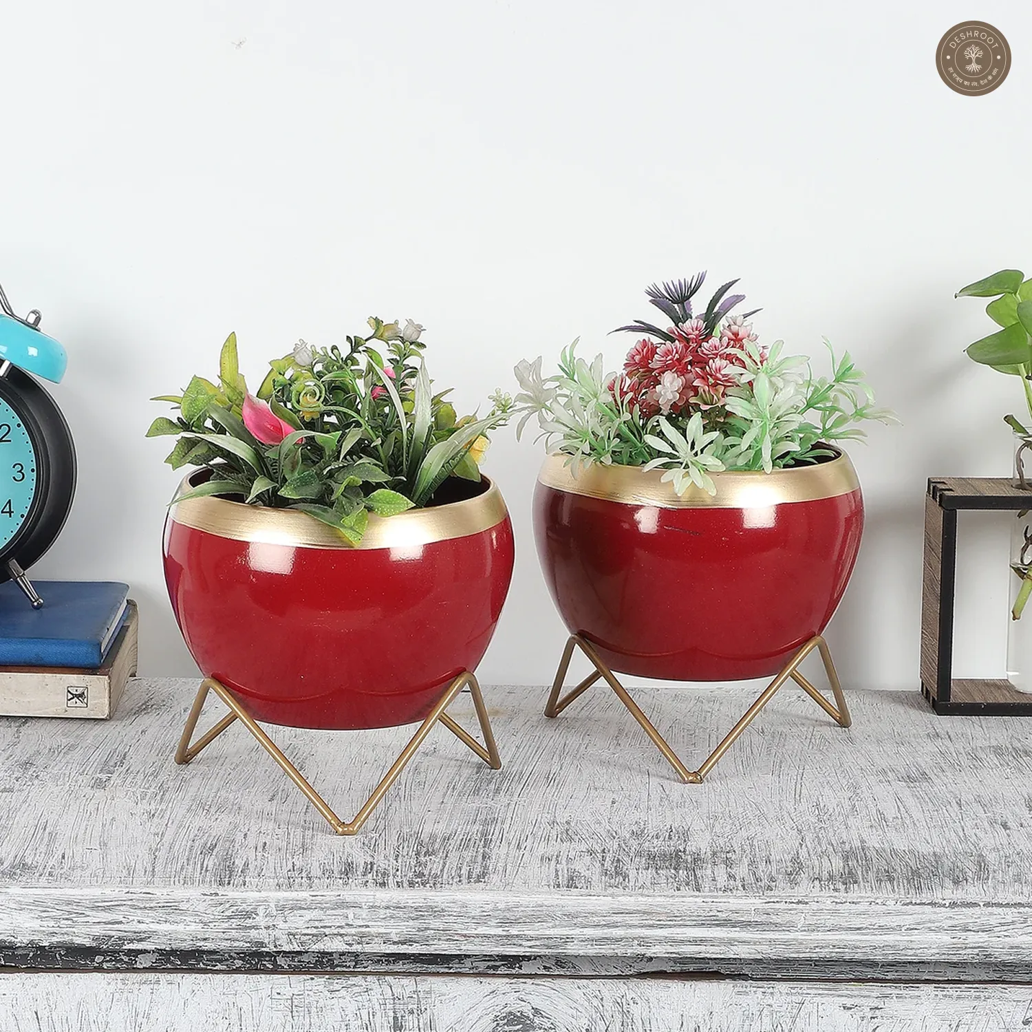 Apple Shape Metal Red & Gold Planter Set of 2