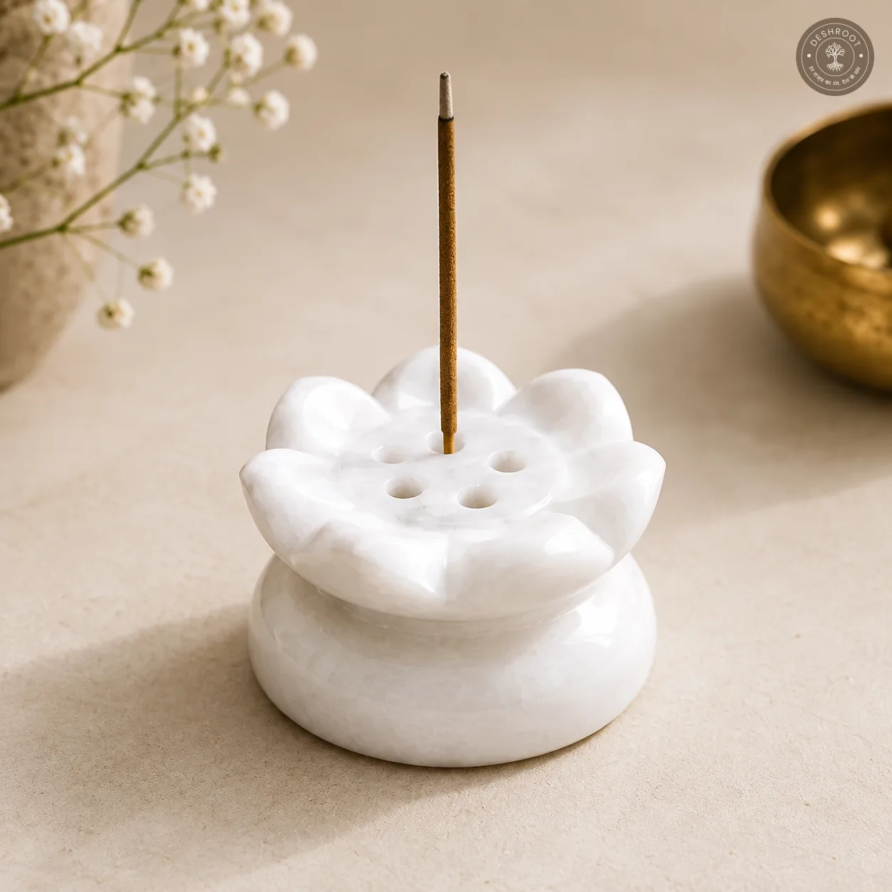 Aurelia Lotus Handcrafted White Marble Agarbatti Holder with Ash Catcher – Natural Marble Incense Stick Stand for Pooja Room, Meditation, Yoga & Spiritual Décor