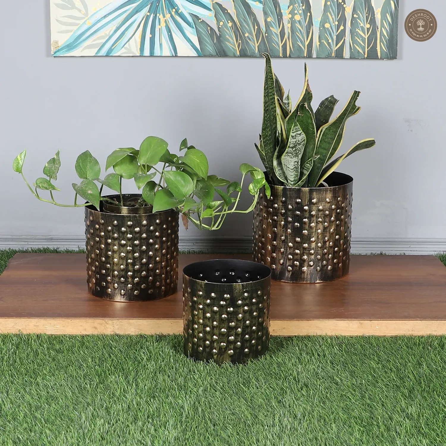 Black & Gold Dot Hammred Planter Set of 3