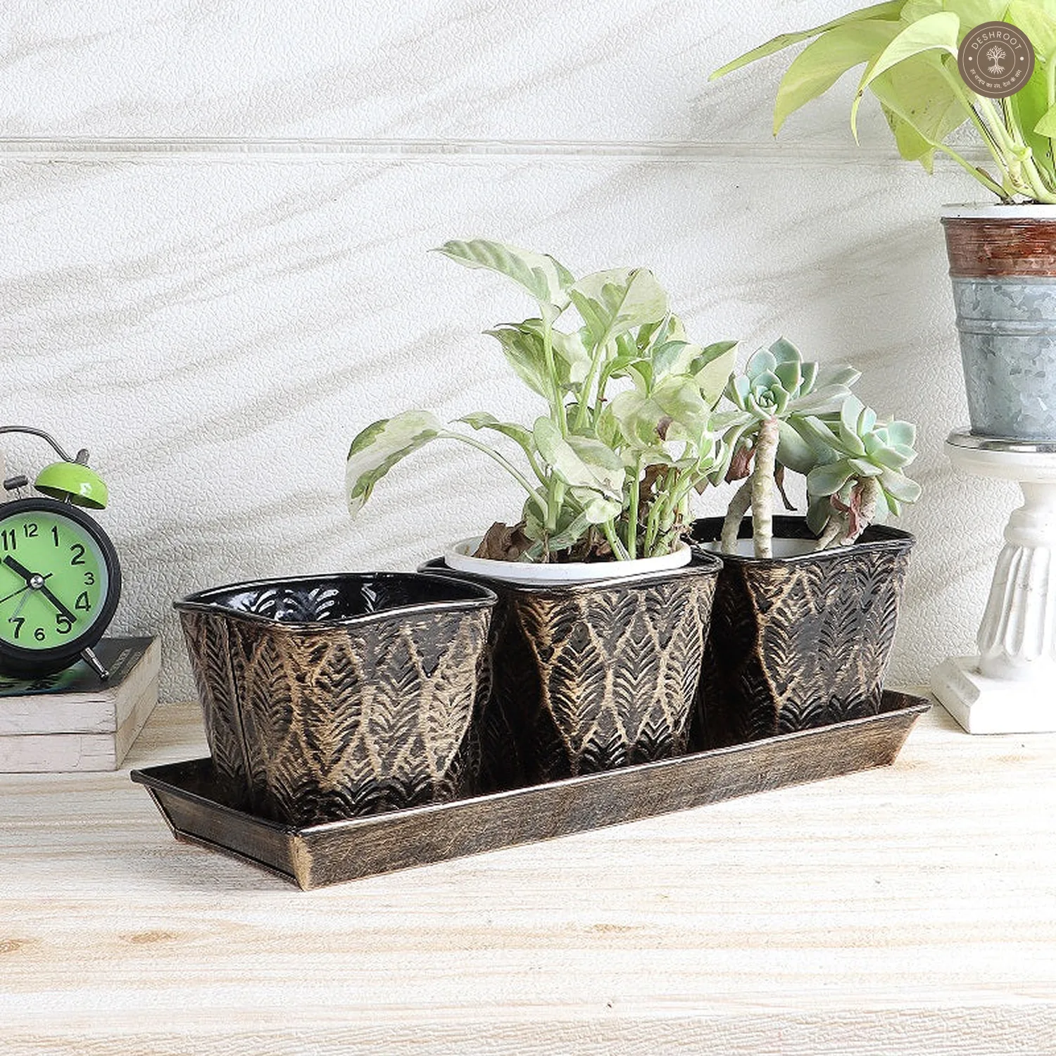 Black & Gold Metal Table Planters with Tray Set of 4