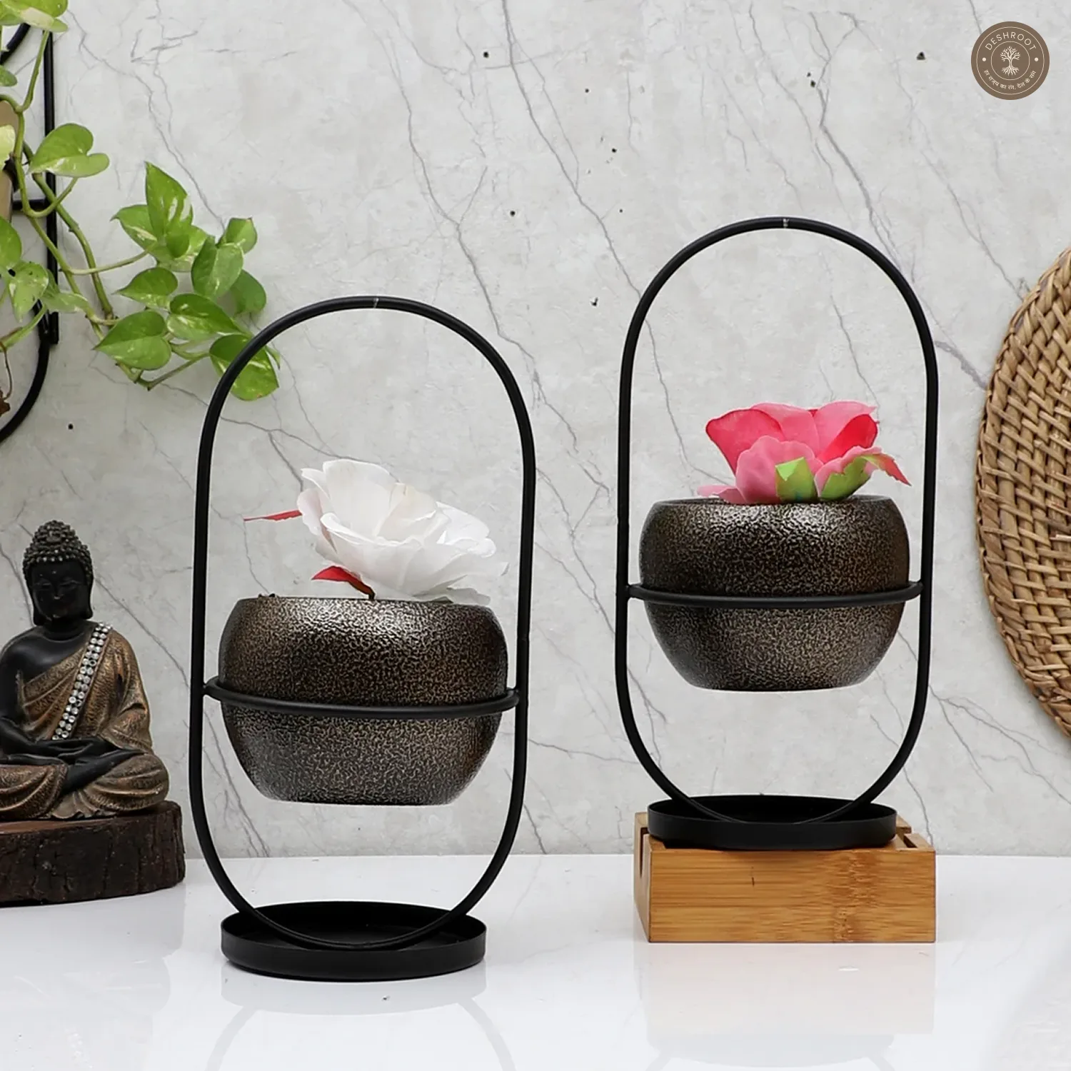 Black & Gold Textured Apple Planter Set of 2