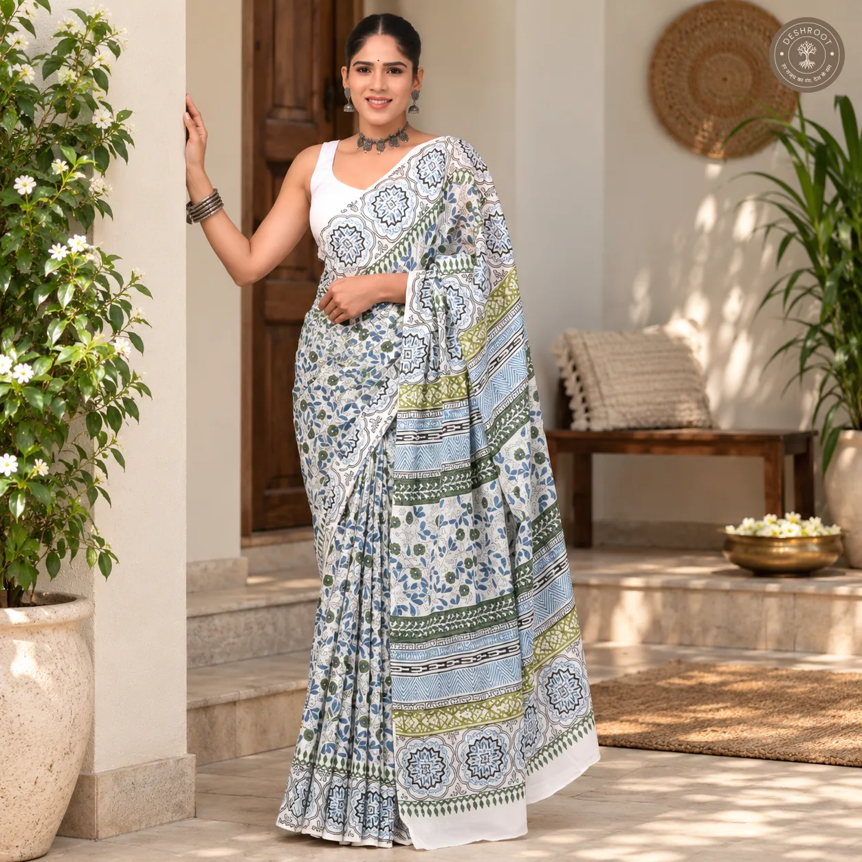 Neelvan Ivory Floral Hand Block Printed Mal Cotton Saree