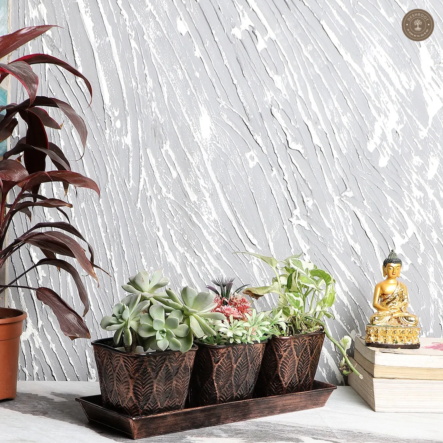 Copper & Black Metal Table Planters with Tray Set of 4