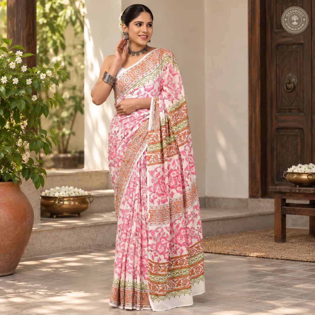 Gulabi Bagh Pink Floral Hand Block Printed Mal Cotton Saree
