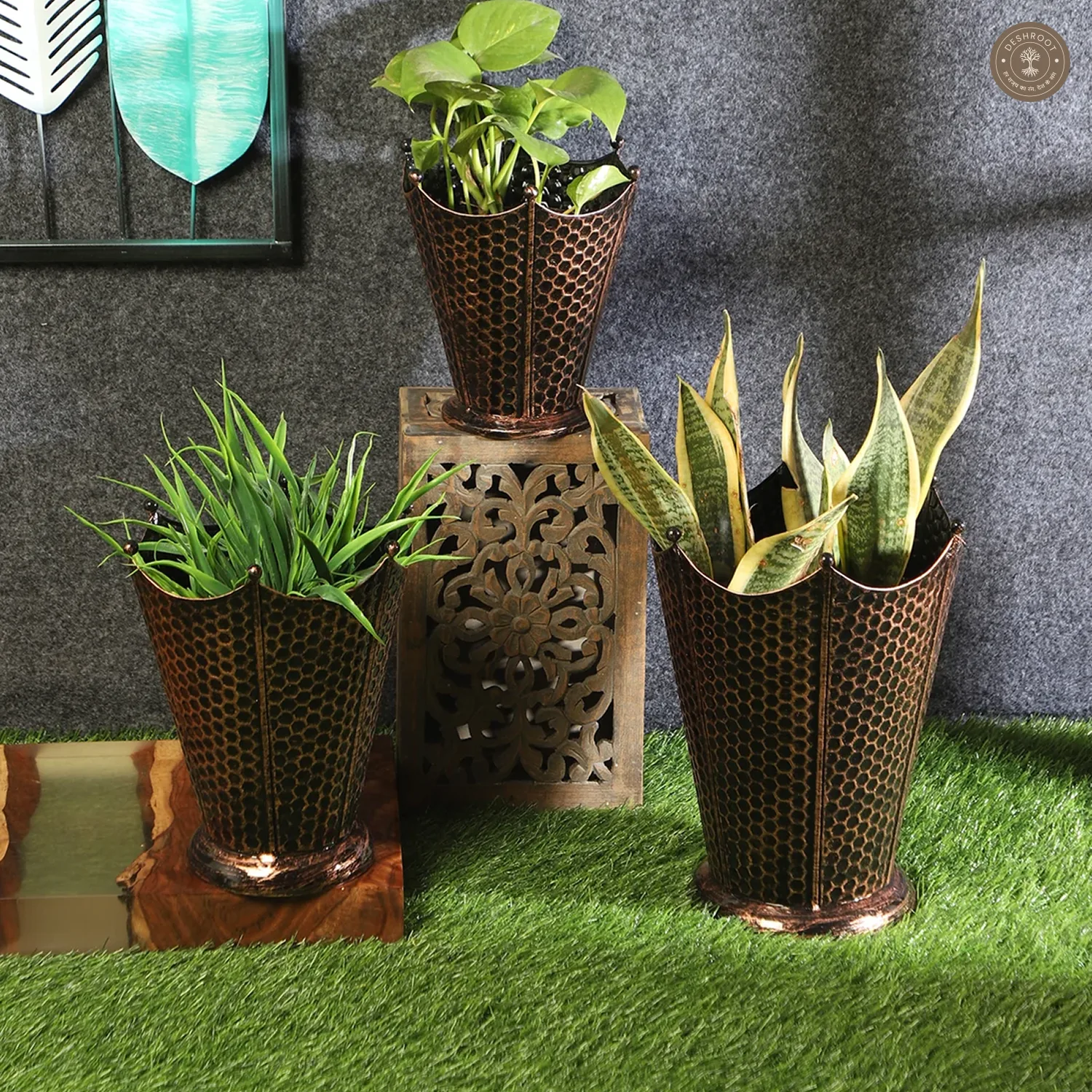 Copper Flower Pot SHape Planter Set of 3