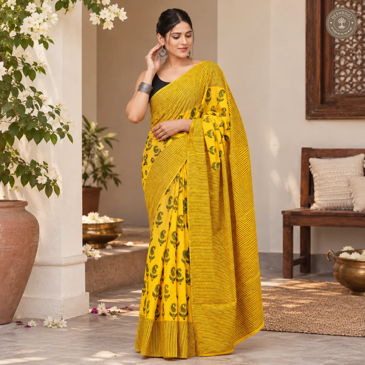Sunheri Paisley Yellow Hand Block Printed Mal Cotton Saree