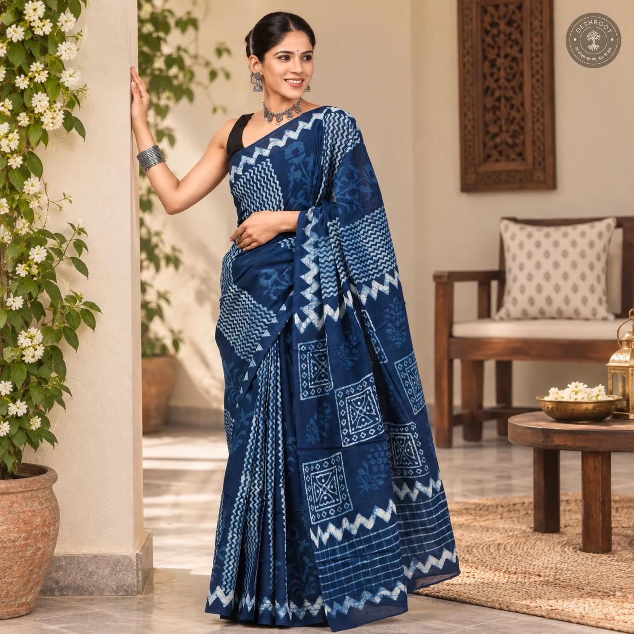 Indigo Mosaic Hand Block Printed Mal Cotton Saree