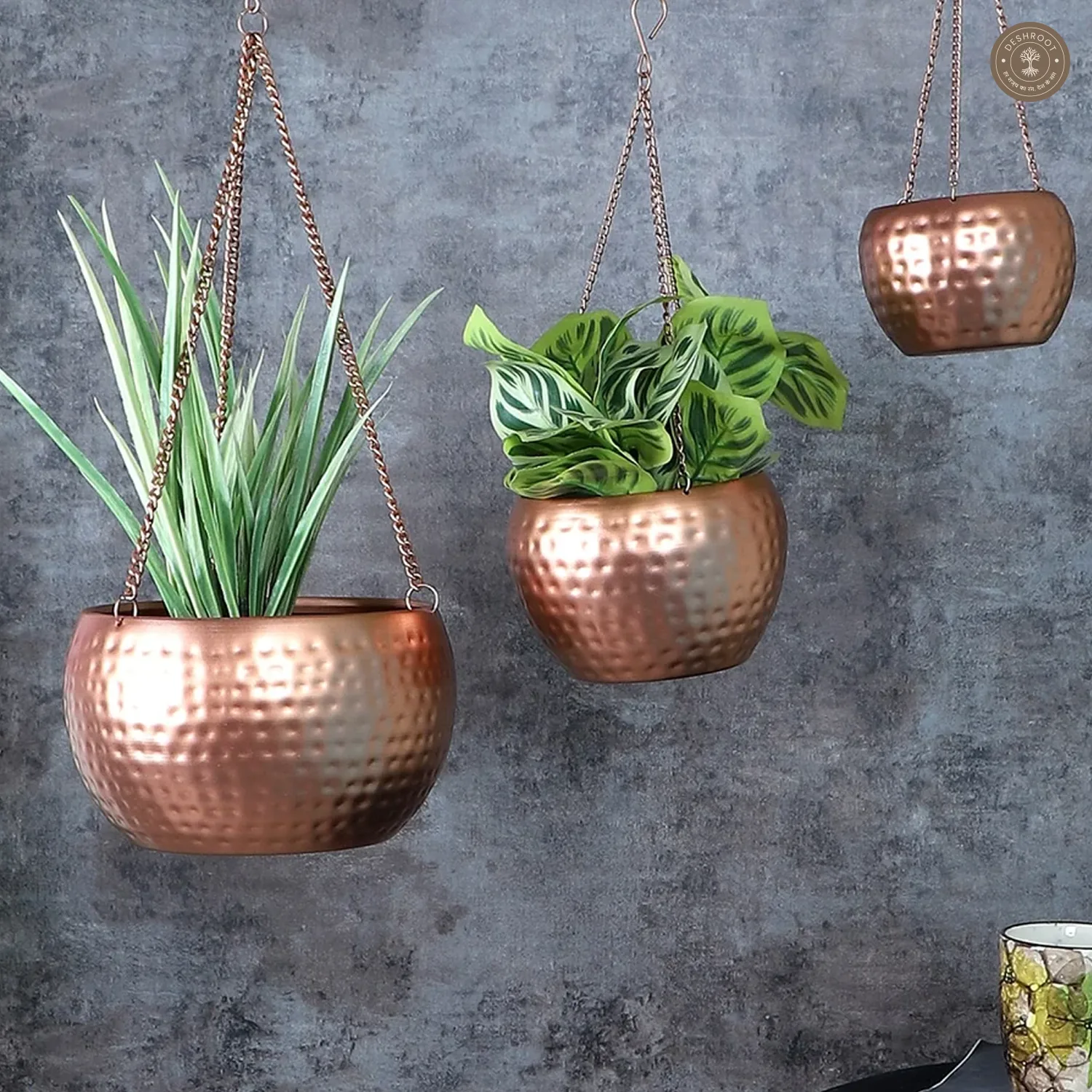 Hanging Copper Hammered Apple Planter Set of 3
