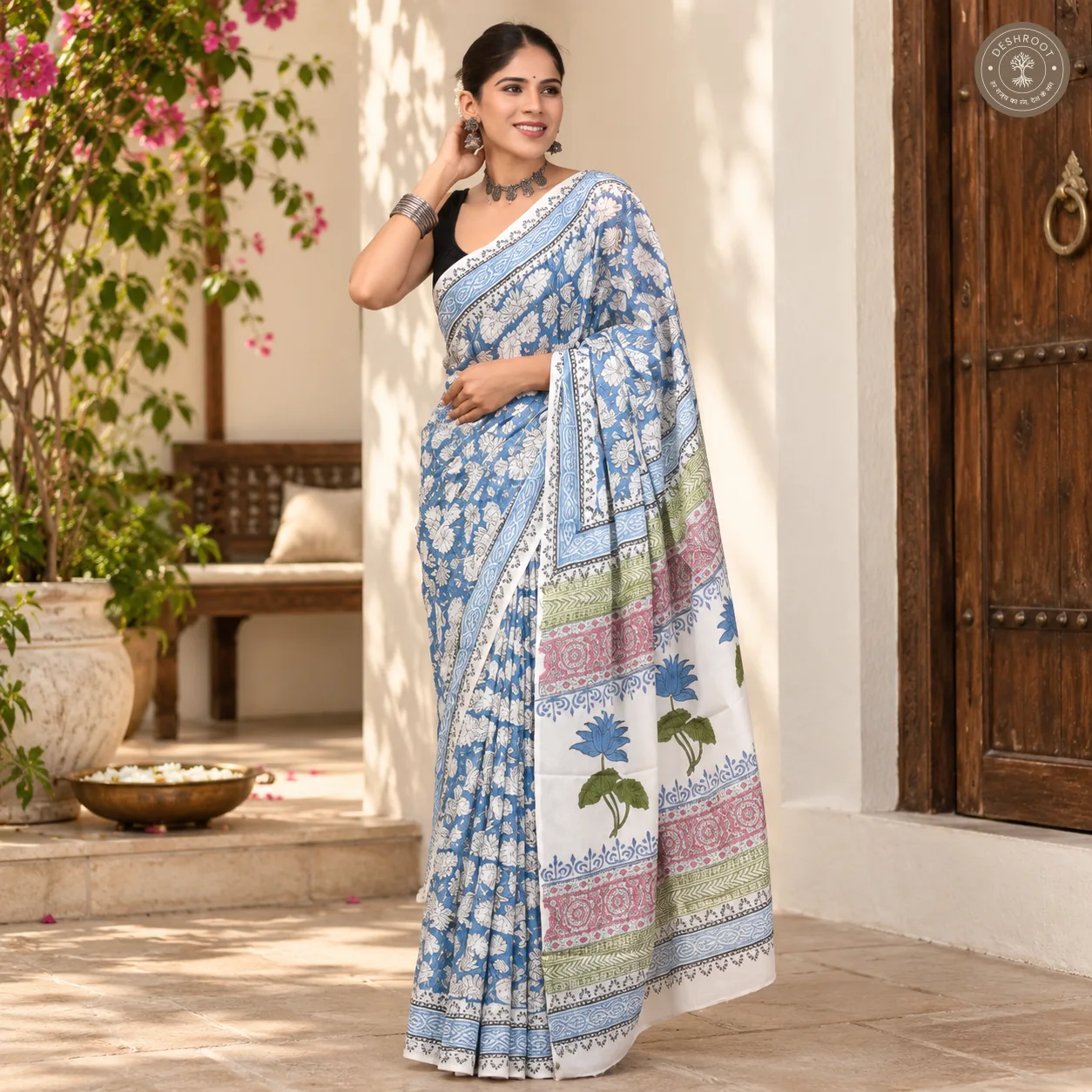 Neel Kamal Floral Hand Block Printed Mal Cotton Saree
