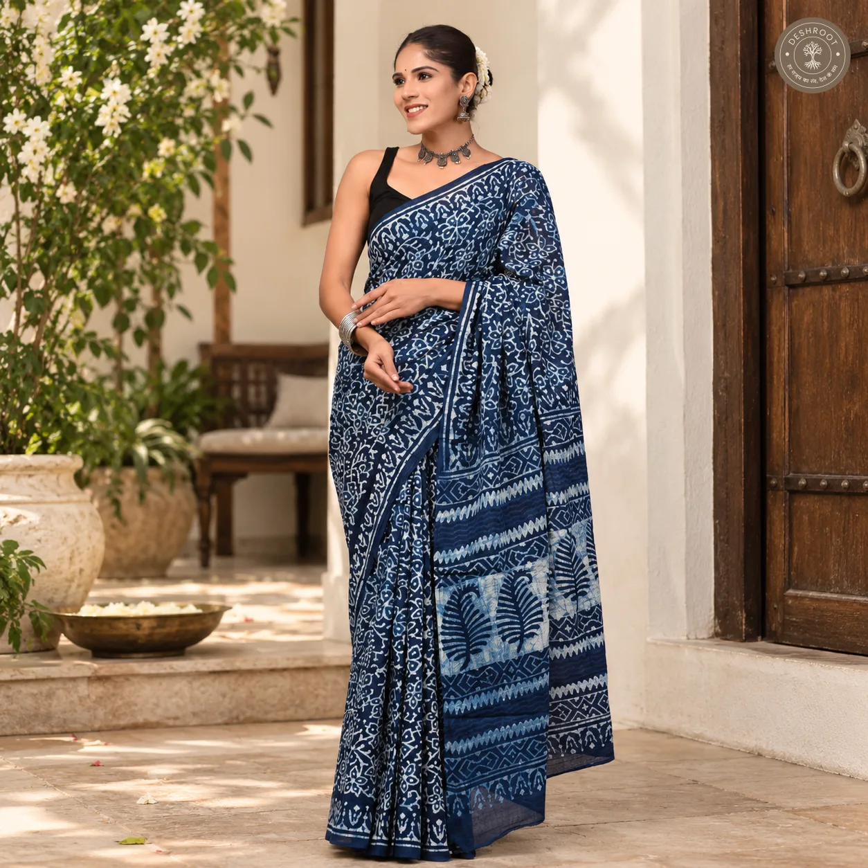 Indigo Vine Hand Block Printed Mal Cotton Saree