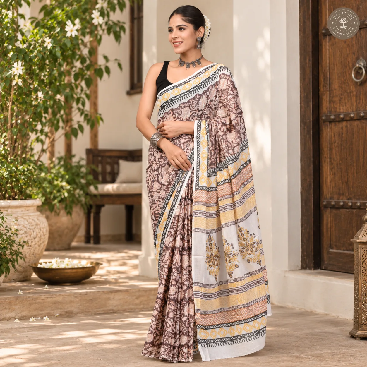 Earthy Floral Hand Block Printed Mal Cotton Saree