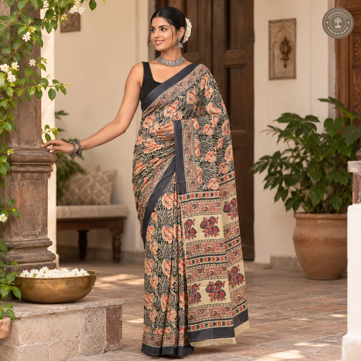 Noir Gulab Hand Block Printed Mal Cotton Saree