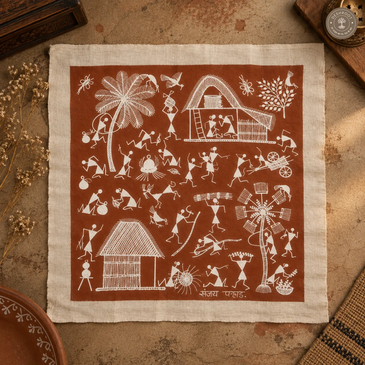 Warli Village Life & Farming Scene – Handmade Painting on Manjarpat Cloth