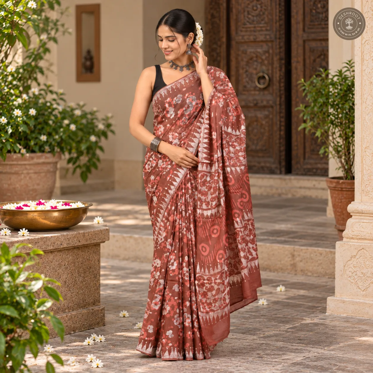Rust Bloom Batik Hand Block Printed Mal Cotton Saree