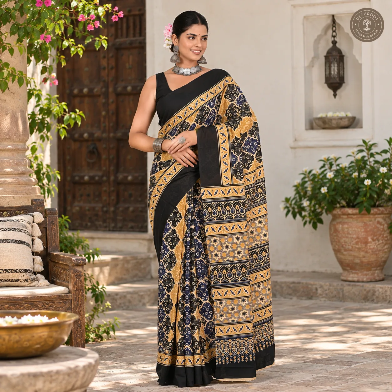 Midnight Mustard Ajrakh-Inspired Hand Block Printed Mal Cotton Saree