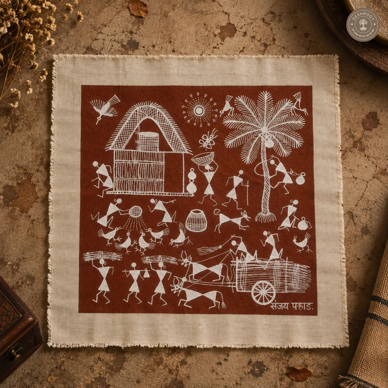 Warli Village & Farming Scene with Bullock Cart – Handmade Painting on Manjarpat Cloth