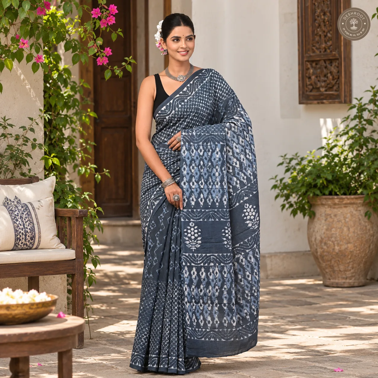 Indigo Grey Patchwork Hand Block Printed Mal Cotton Saree