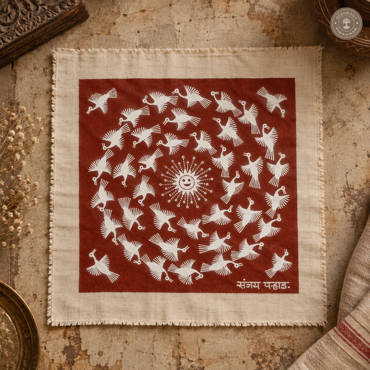 Warli Birds Around the Sun – Handmade Tribal Painting on Manjarpat Cloth
