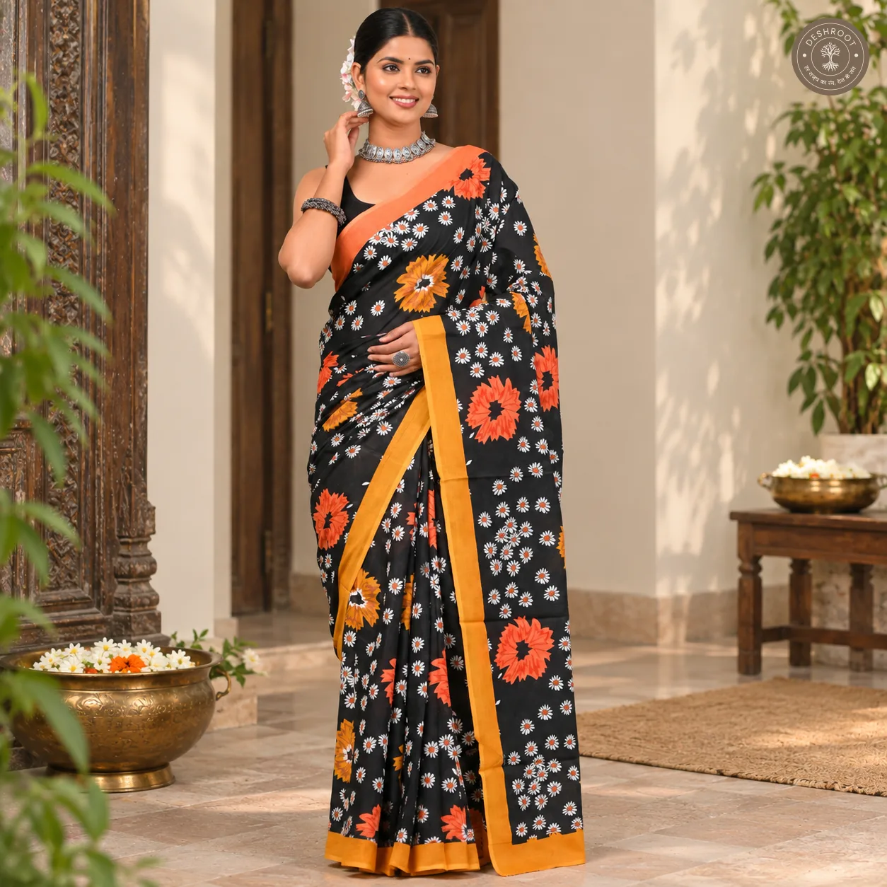 Sunburst Daisy Hand Block Printed Mal Cotton Saree