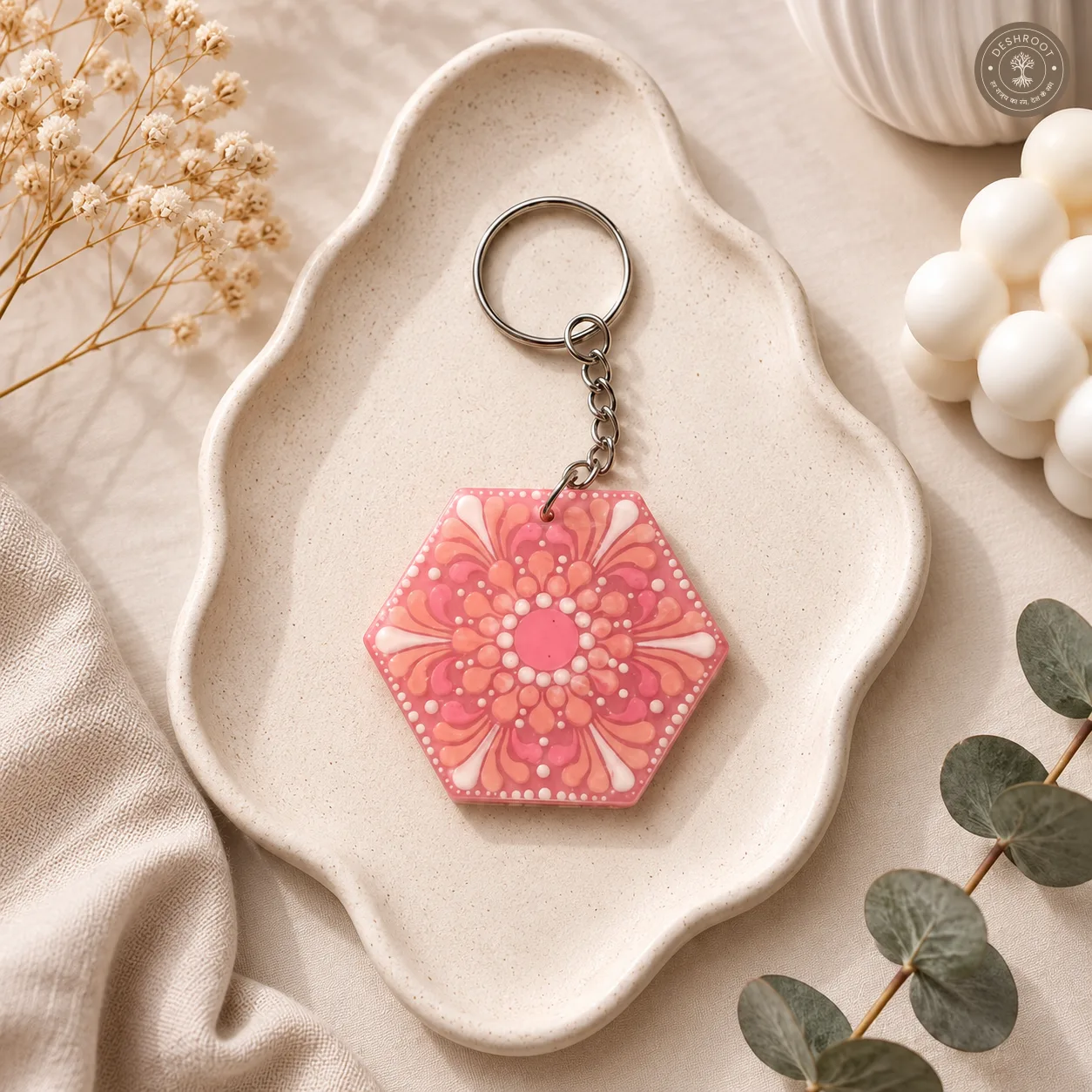 Blush Bloom Hand-Painted Mandala Resin Keychain