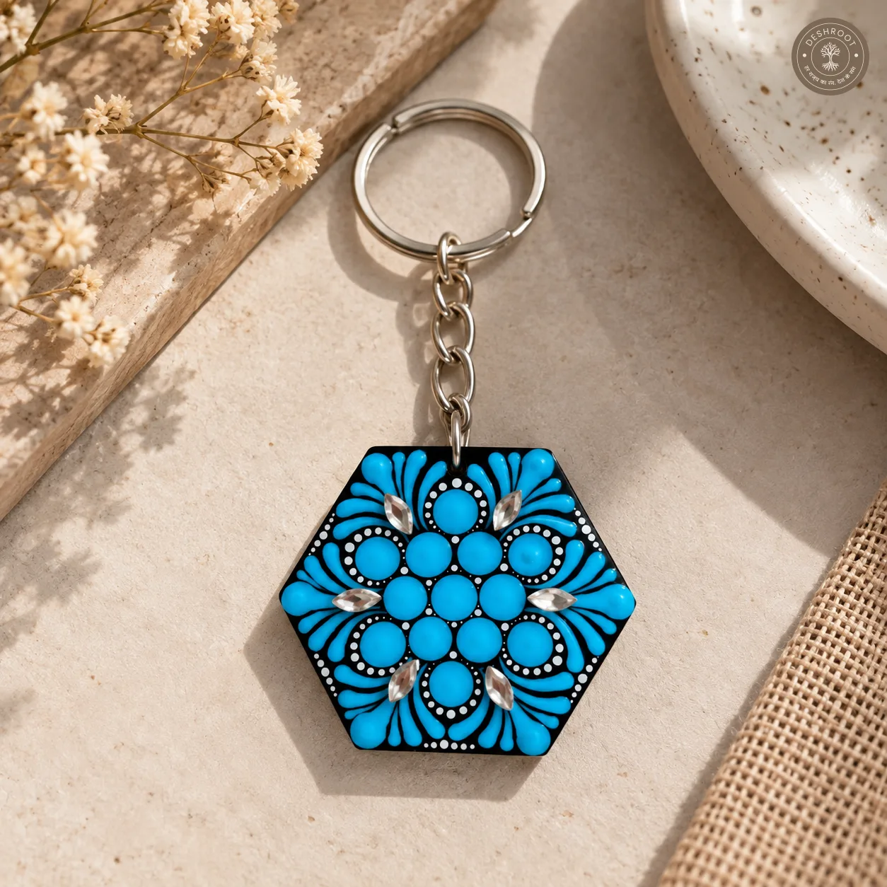 Azure Bloom Hand-Painted Resin Mandala Keychain