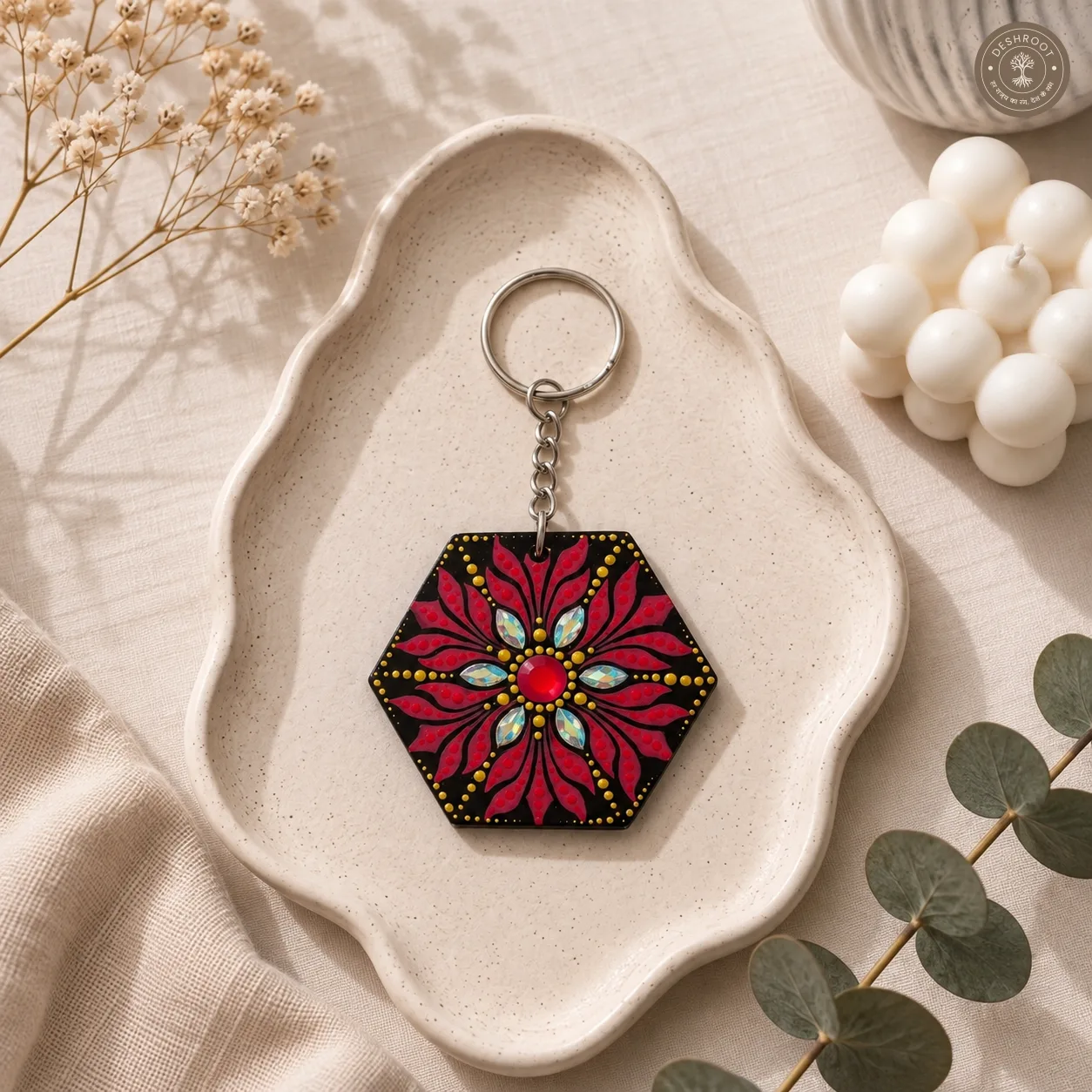 Ruby Lotus Hand-Painted Resin Mandala Keychain
