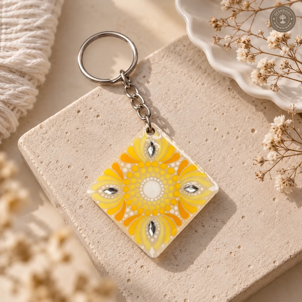 Sunlit Bloom Hand-Painted Resin Mandala Keychain