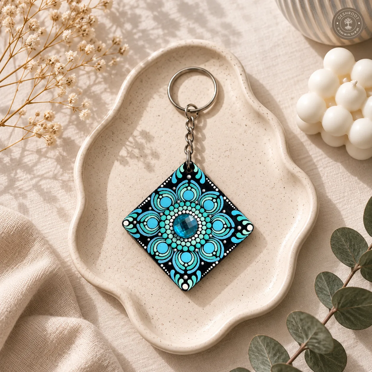 Aqua Bloom Hand-Painted Resin Mandala Keychain