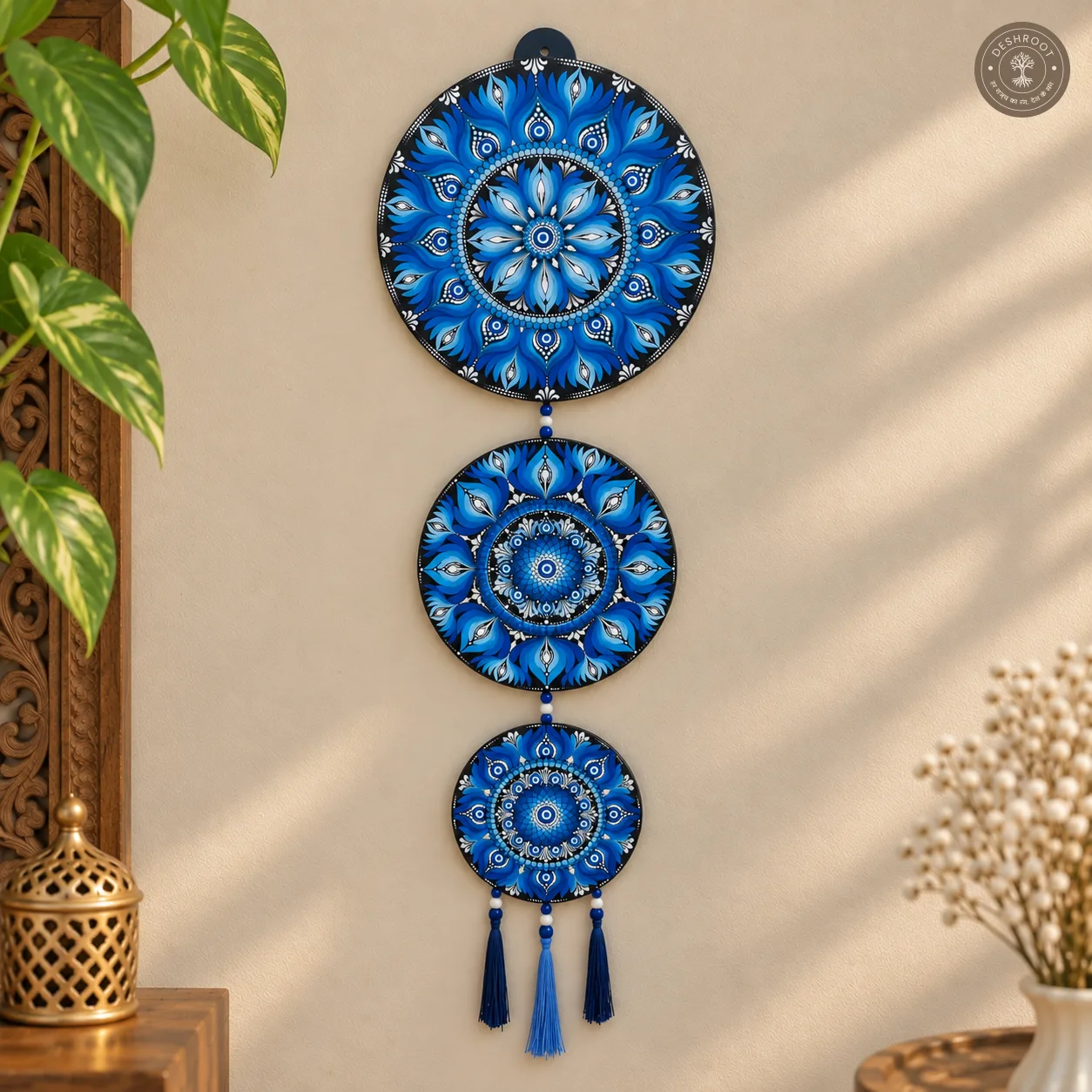 Hand-Painted Three-Tier Evil Eye Mandala Wall Hanging with Beads & Tassels