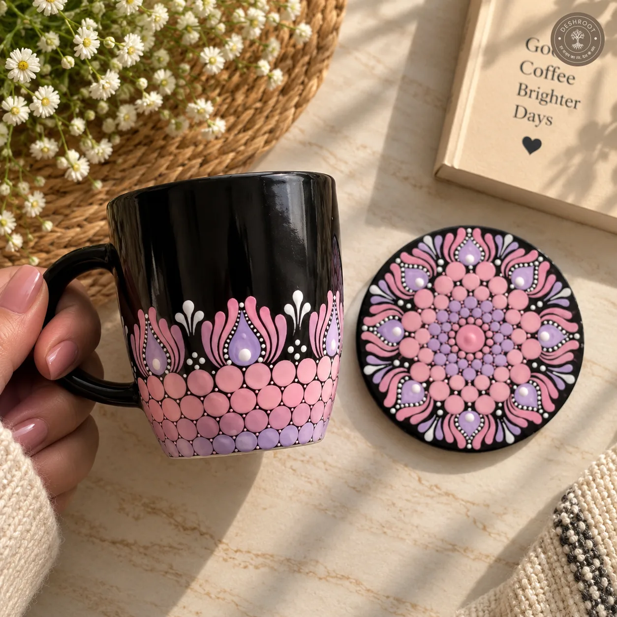 Blush Bloom Hand-Painted Mandala Mug & Coaster Set