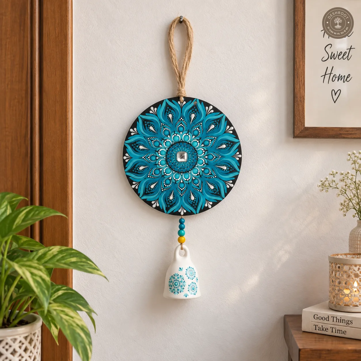 Aqua Bloom Hand-Painted Dot Mandala Bell Wall Hanging