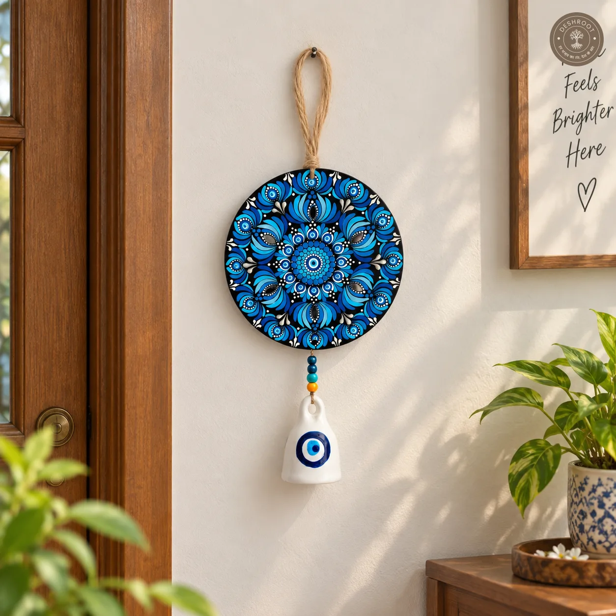Azure Bloom Hand-Painted Dot Mandala Bell Wall Hanging