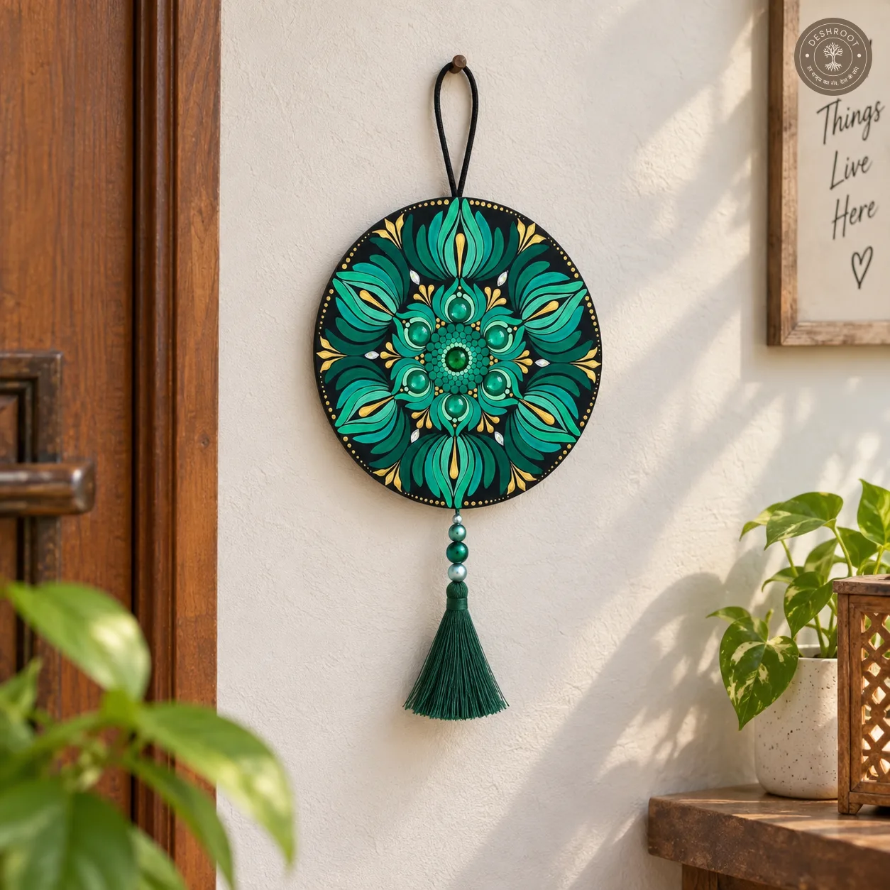 Emerald Bloom Hand-Painted Dot Mandala Tassel Wall Hanging