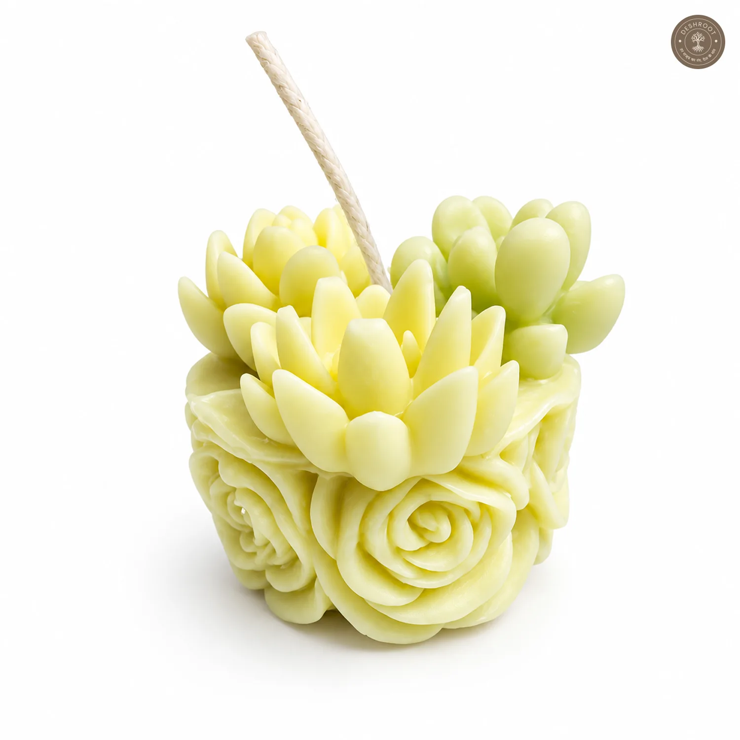 Handcrafted Lemon Floral Succulent-Style Candle with Sculpted Roses