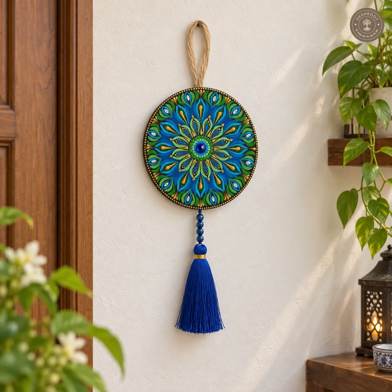 Blue Meadow Hand-Painted Mandala Tassel Wall Hanging